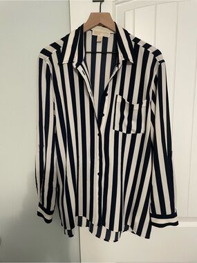 MICHAEL Michael Kors Navy and White Striped Button-Front Top